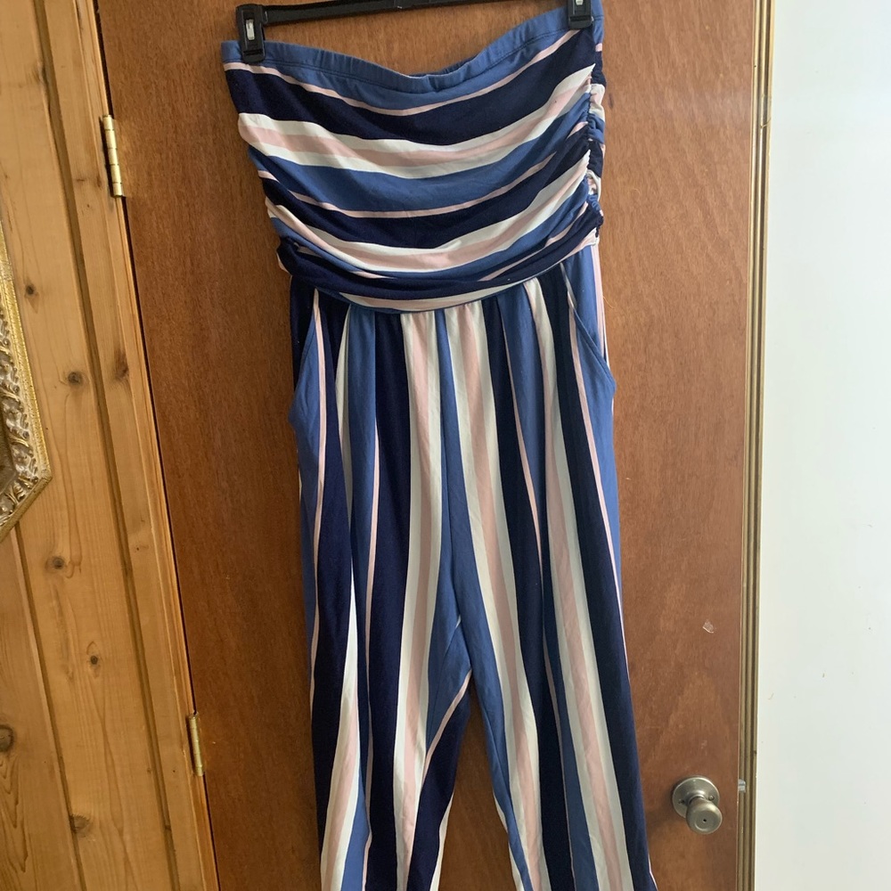 Striped Strapless Jumpsuit Romper / Size 2X / Blue Cream Pink